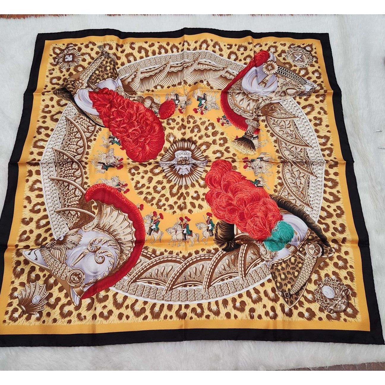 New Hermes Scarf 90 "Casques Et Plumes" Yellow 100% Silk Scarf 35"